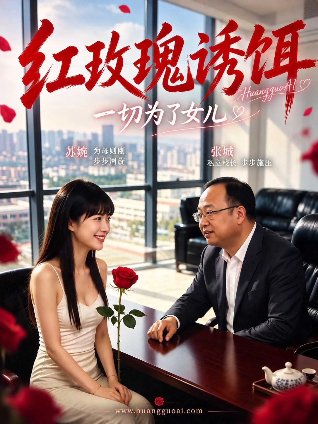 都市情感短剧海报，女子与校长在办公室对坐，桌上放着一枝玫瑰