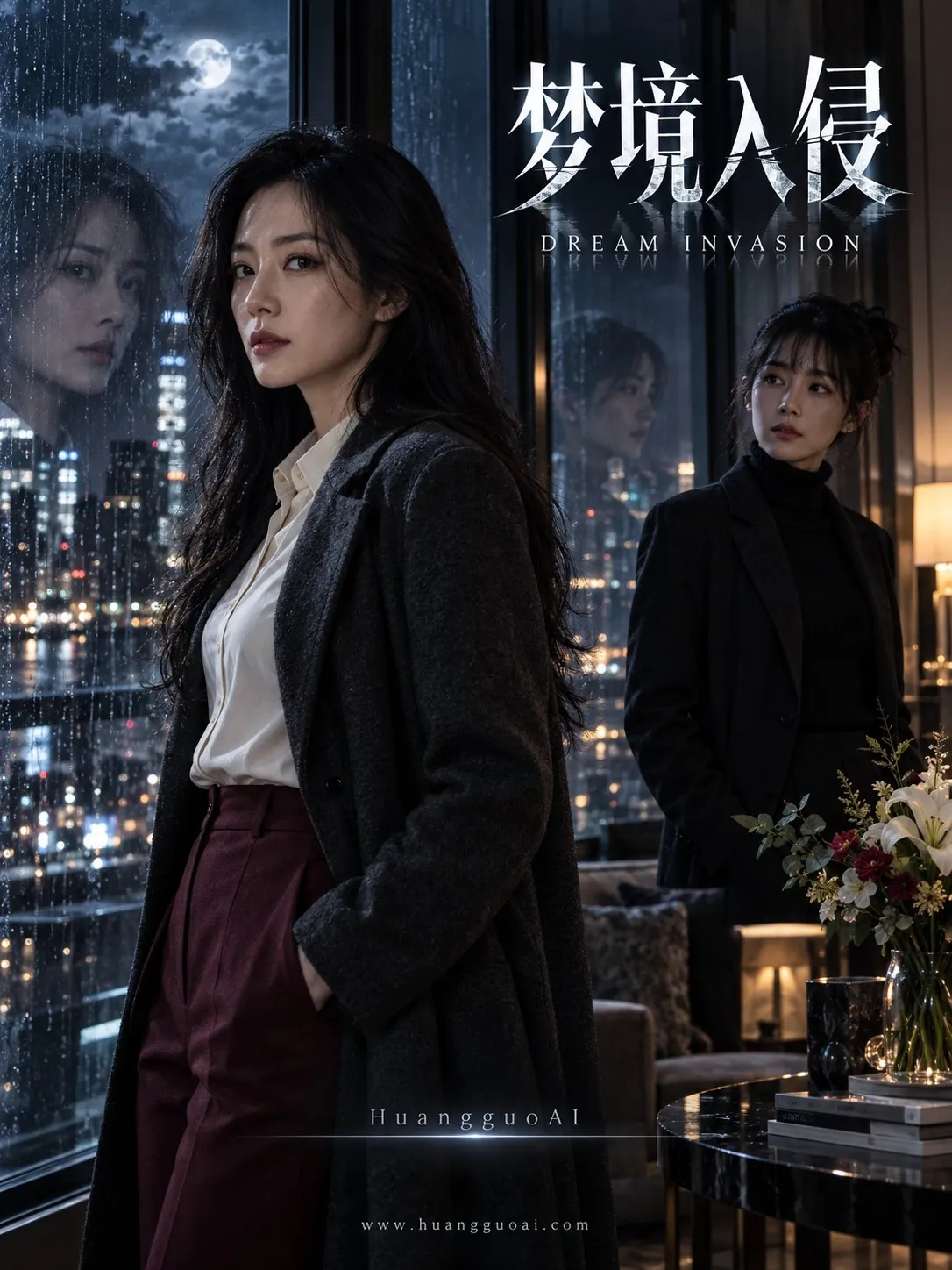 悬疑短剧海报，夜色窗前两位女性，玻璃上映出倒影