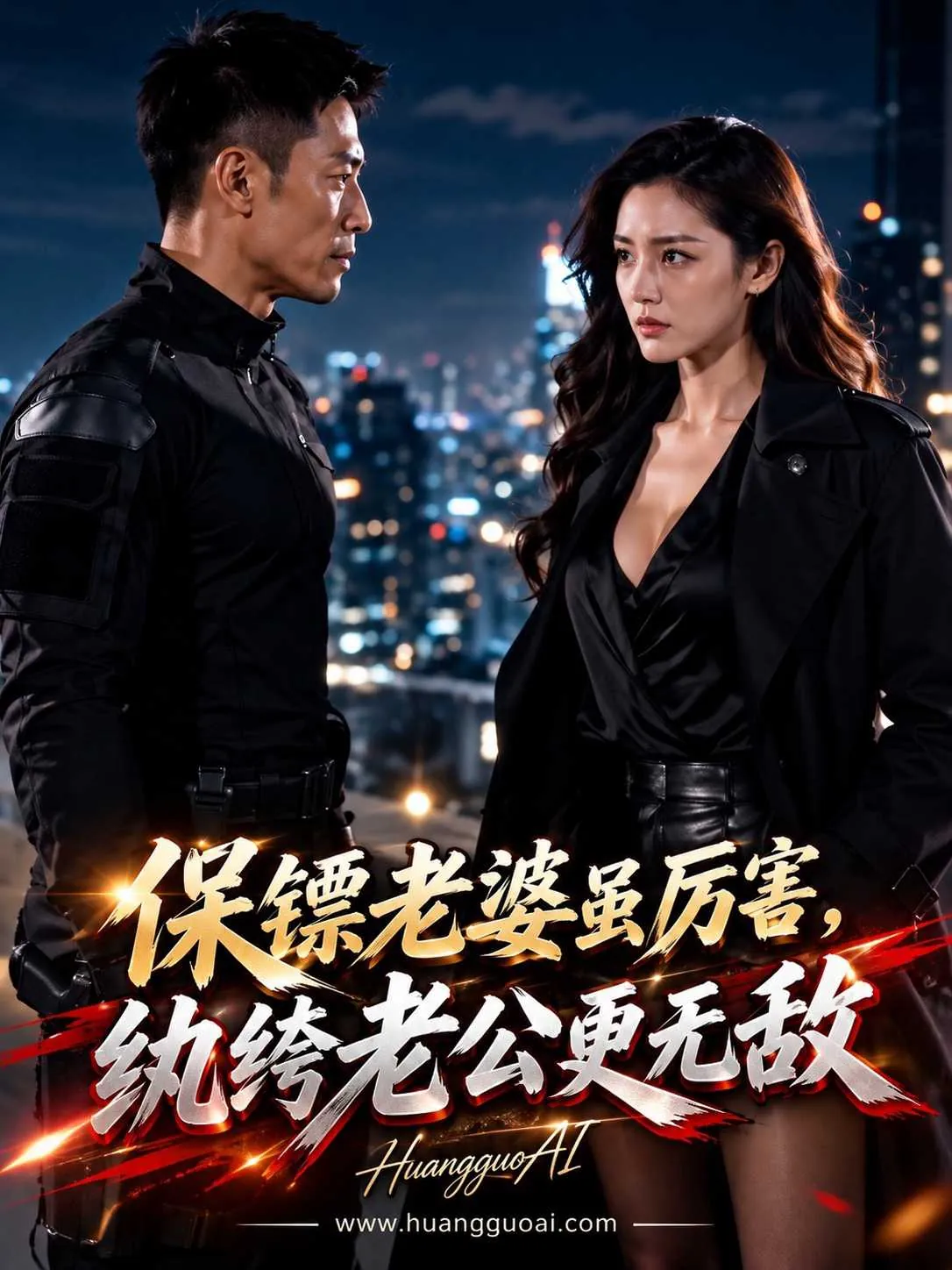 动作题材短剧海报，男女主角在夜景天台对峙