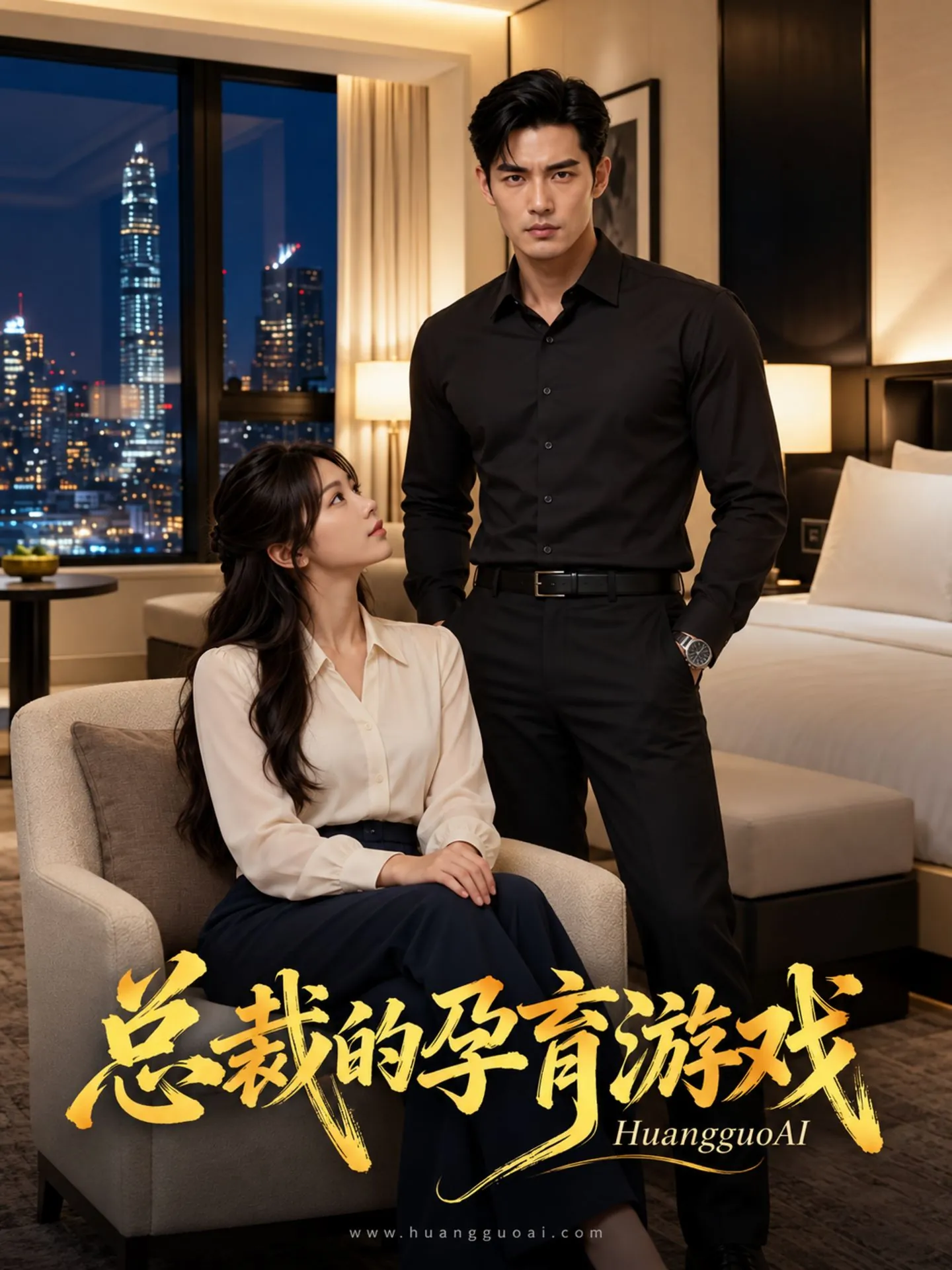 都市短剧海报，女子坐沙发仰头看向站着的男子