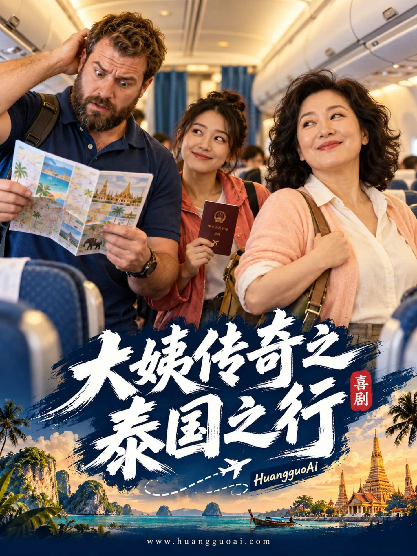 喜剧短剧海报，飞机客舱里三人拿着地图和护照