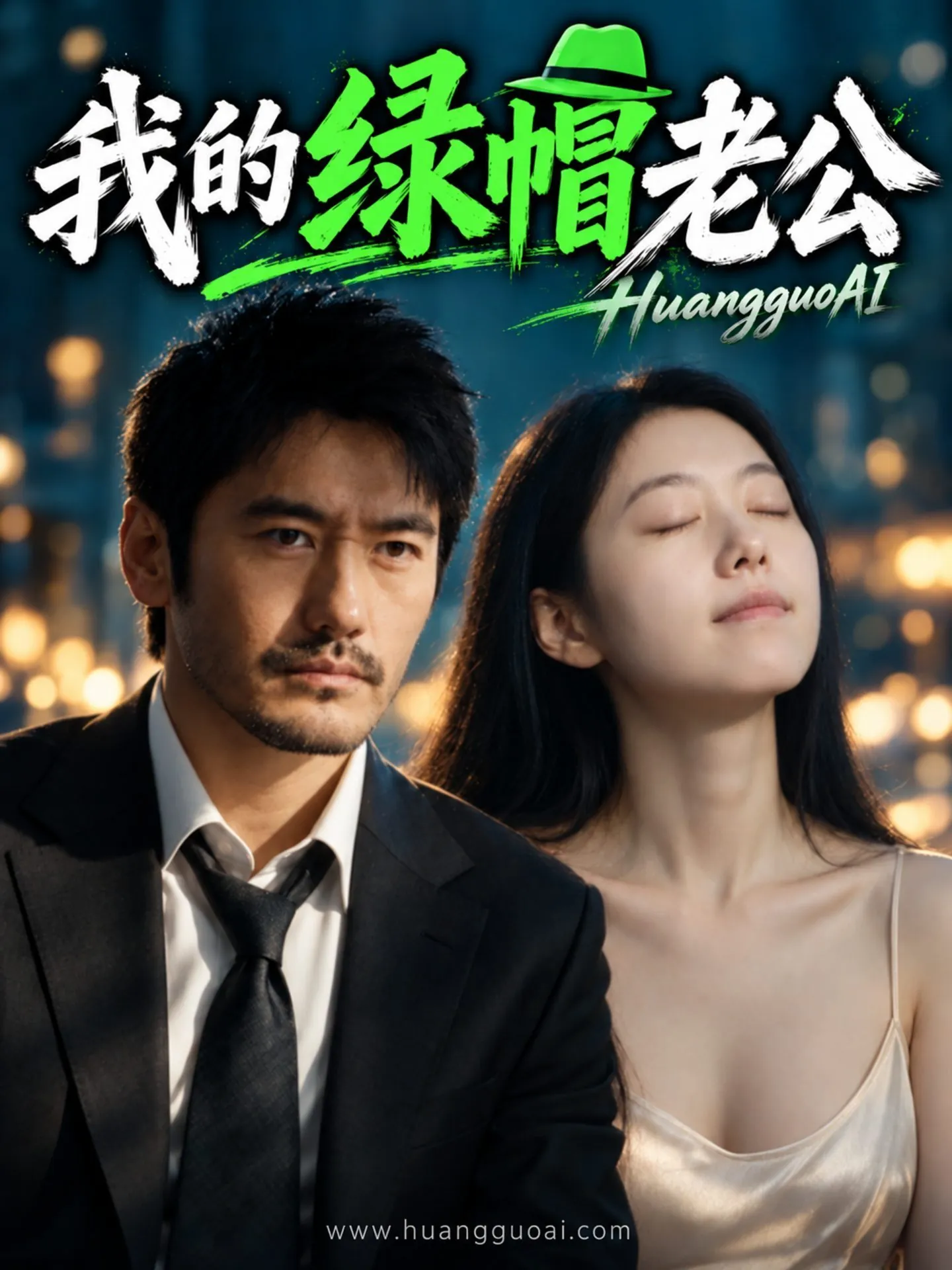 都市剧海报，身穿西装的男子与闭眼女子并肩而立