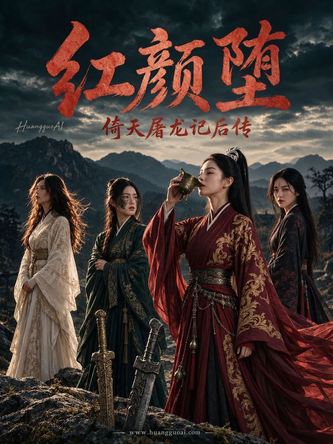 古装武侠短剧海报，四位女侠站在山间，剑插石上