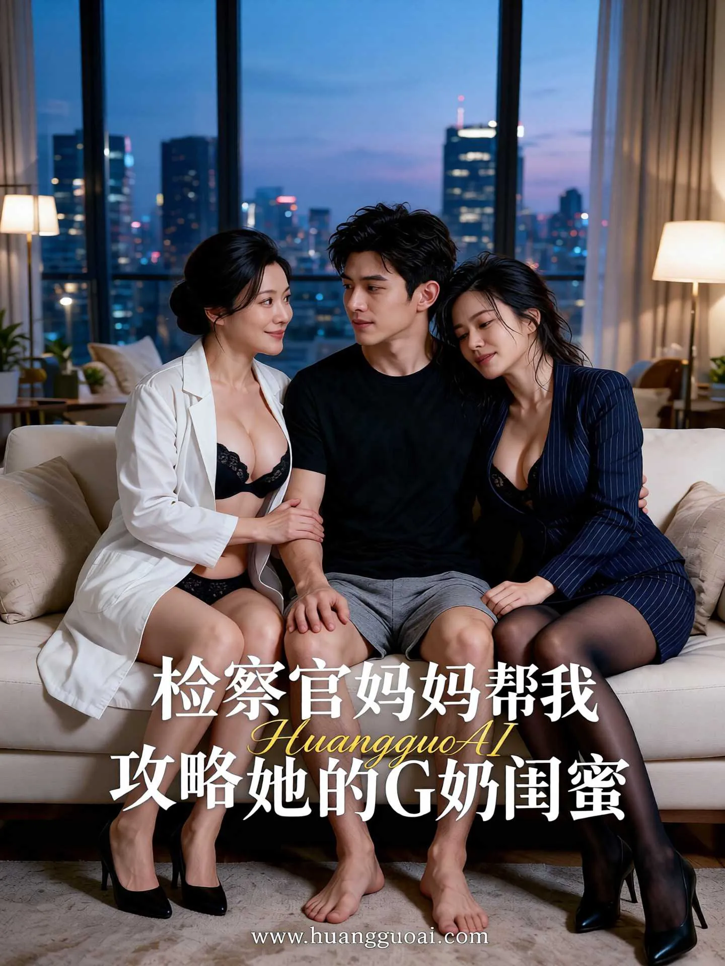 都市情感短剧海报，三人坐在夜景落地窗前的沙发上